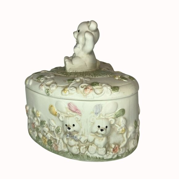 Vintage Porcelain Teddy Bear Heart-Shaped Trinket Box Pale Green Floral Details - Picture 2 of 5